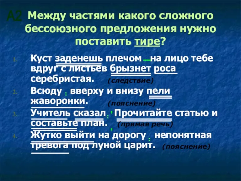 Между частями какого сложного бессоюзного предложения нужно поставить тире? Куст заденешь плечом