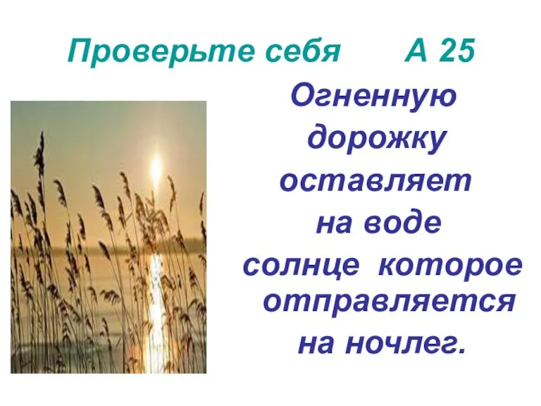 Проверьте себя А 25 Огненную дорожку оставляет на воде солнце которое отправляется на ночлег.