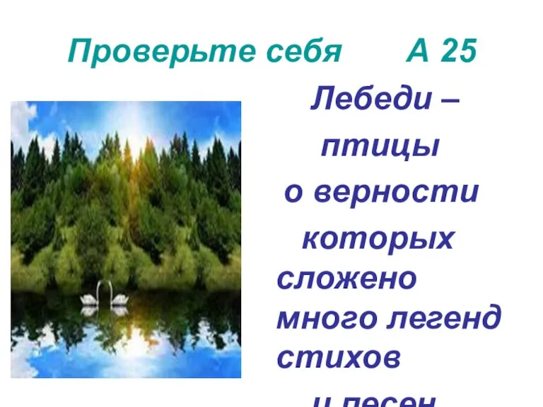 Проверьте себя А 25 Лебеди – птицы о верности которых сложено много легенд стихов и песен.