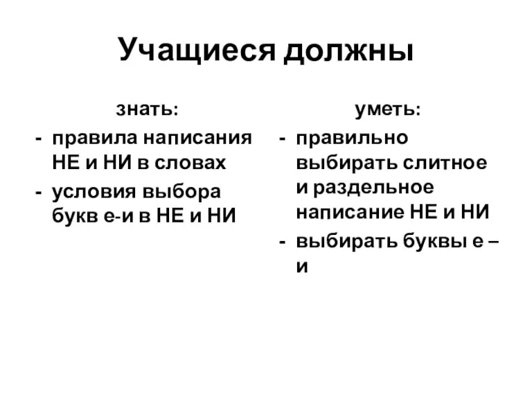 Учащиеся должны знать: правила написания НЕ и НИ в словах условия выбора