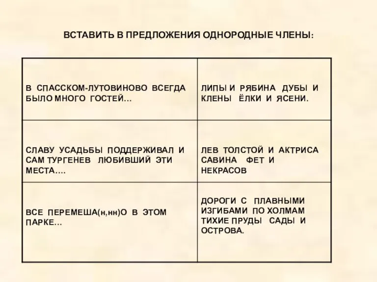 ВСТАВИТЬ В ПРЕДЛОЖЕНИЯ ОДНОРОДНЫЕ ЧЛЕНЫ: