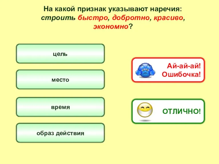 На какой признак указывают наречия: строить быстро, добротно, красиво, экономно? место образ действия время цель