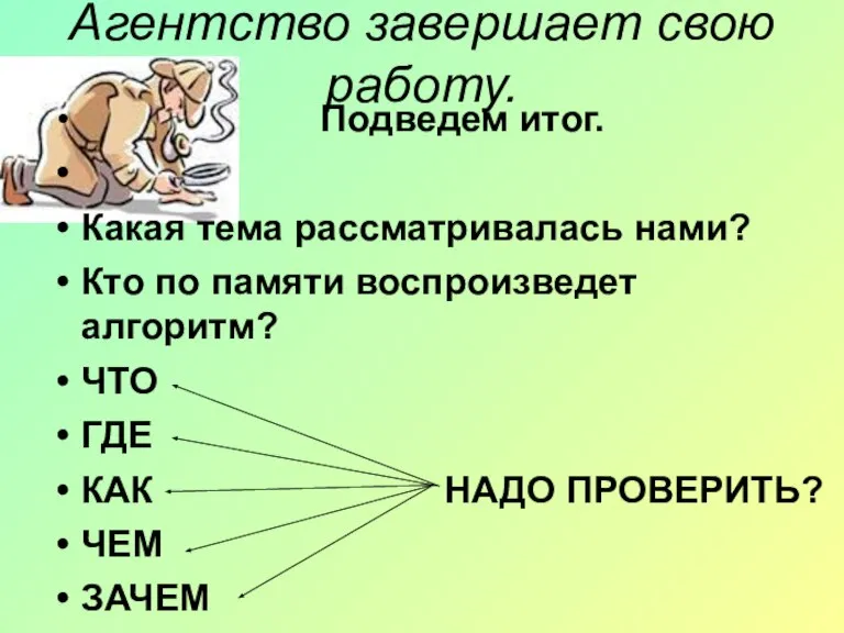 Агентство завершает свою работу. Подведем итог. Какая тема рассматривалась нами? Кто по