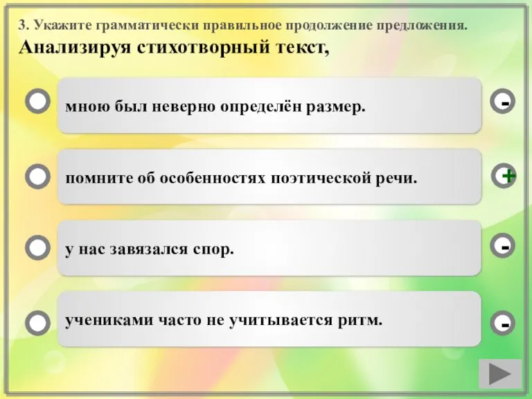 3. Укажите грамматически правильное продолжение предложения. Анализируя стихотворный текст, мною был неверно