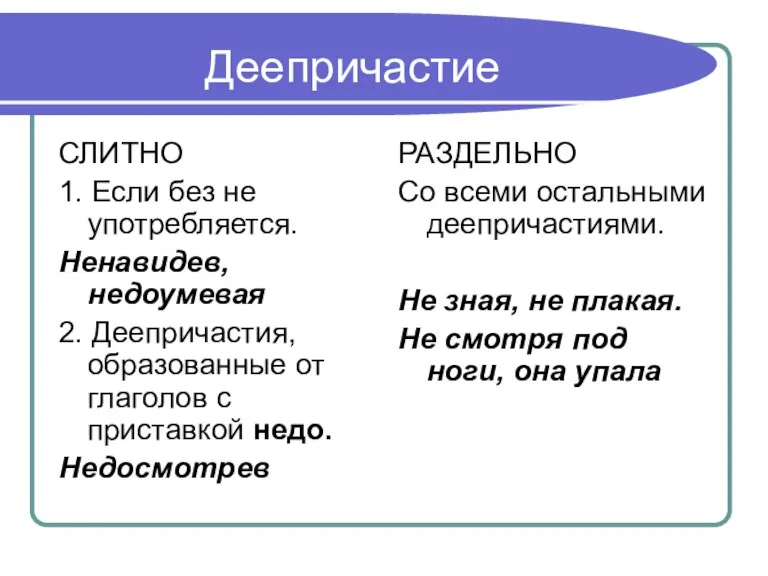 Деепричастие СЛИТНО 1. Если без не употребляется. Ненавидев, недоумевая 2. Деепричастия, образованные