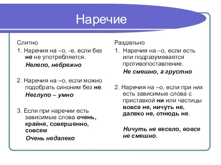 Наречие Слитно 1. Наречия на –о, -е, если без не не употребляется.