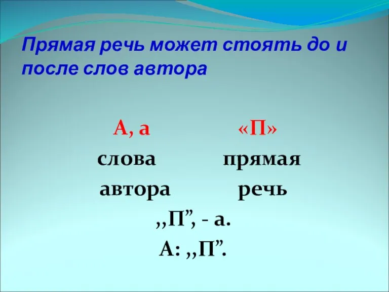 Прямая речь может стоять до и после слов автора А, а «П»