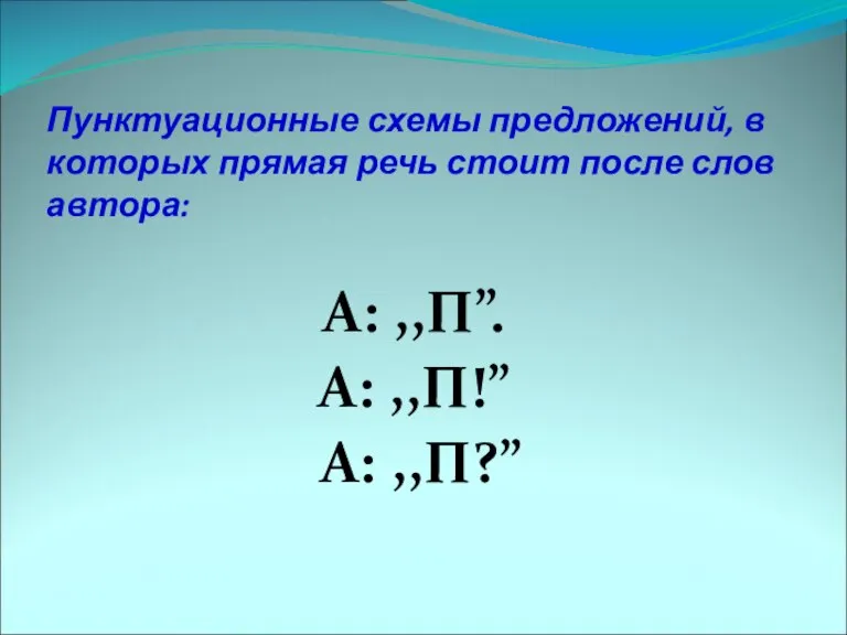 Пунктуационные схемы предложений, в которых прямая речь стоит после слов автора: А: