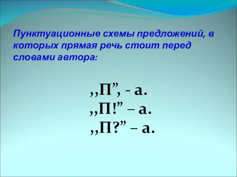 Пунктуационные схемы предложений, в которых прямая речь стоит перед словами автора: ,,П”,