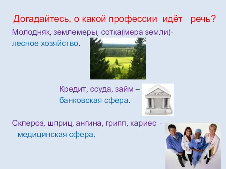 Догадайтесь, о какой профессии идёт речь? Молодняк, землемеры, сотка(мера земли)- лесное хозяйство.