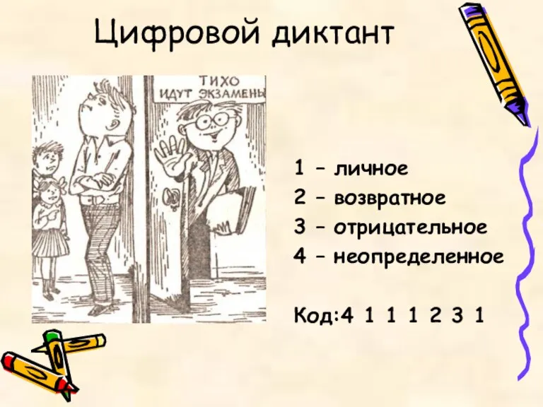 Цифровой диктант 1 – личное 2 – возвратное 3 – отрицательное 4