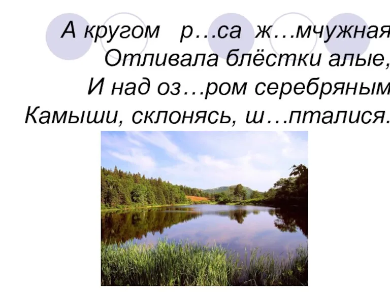 А кругом р…са ж…мчужная Отливала блёстки алые, И над оз…ром серебряным Камыши, склонясь, ш…пталися.