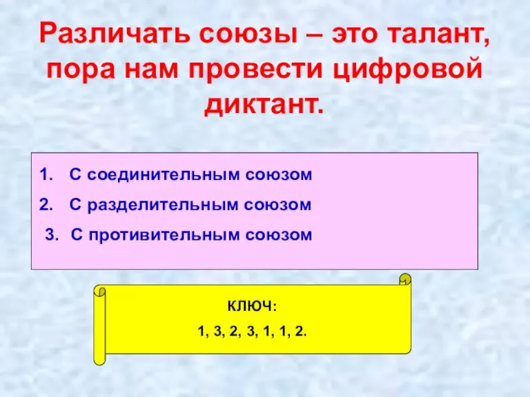 Различать союзы – это талант, пора нам провести цифровой диктант. С соединительным