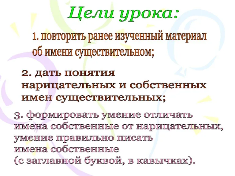 Цели урока: 2. дать понятия нарицательных и собственных имен существительных; 1. повторить