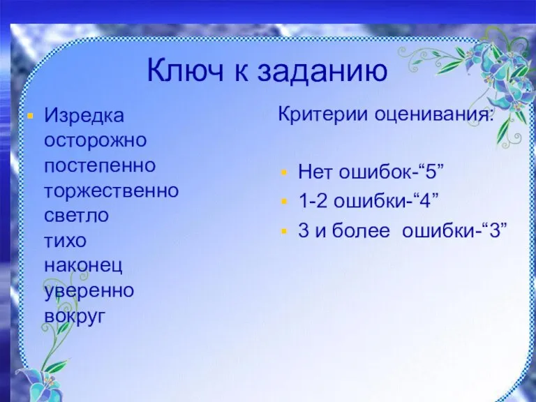 Ключ к заданию Изредка осторожно постепенно торжественно светло тихо наконец уверенно вокруг