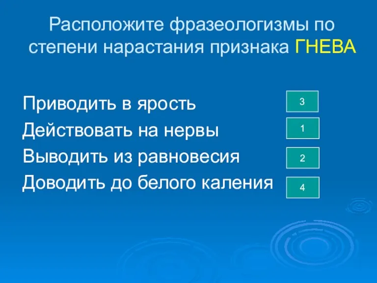 Расположите фразеологизмы по степени нарастания признака ГНЕВА Приводить в ярость Действовать на