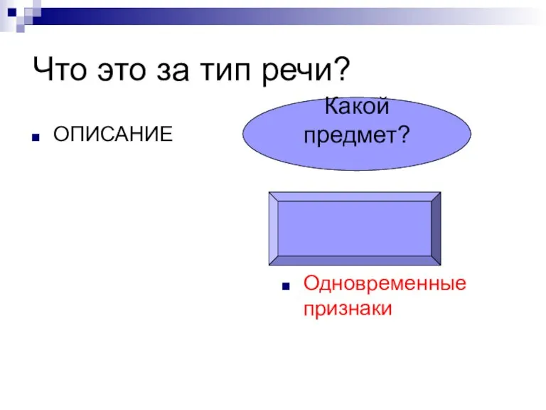 Что это за тип речи? ОПИСАНИЕ Одновременные признаки Какой предмет?