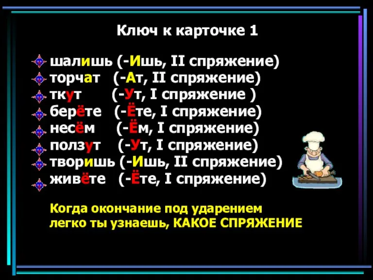 Ключ к карточке 1 шалишь (-Ишь, II спряжение) торчат (-Ат, II спряжение)