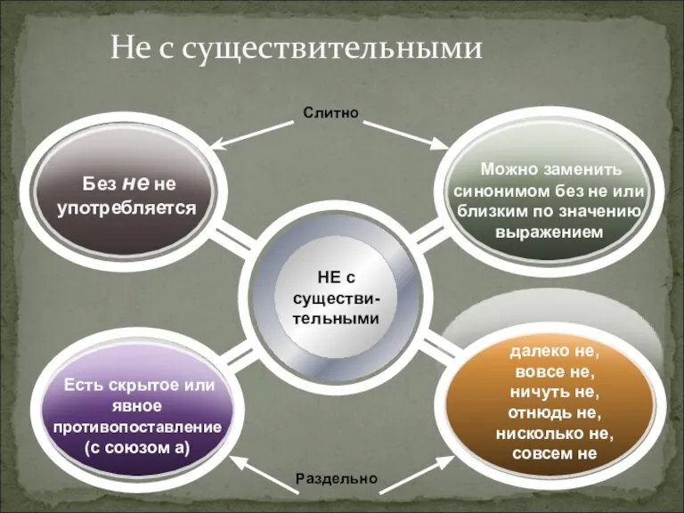 НЕ с существи-тельными Слитно Раздельно Не с существительными Без не не употребляется