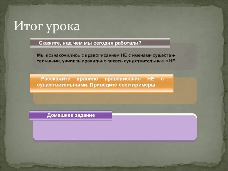 Скажите, над чем мы сегодня работали? Расскажите правило правописания НЕ с существительными.