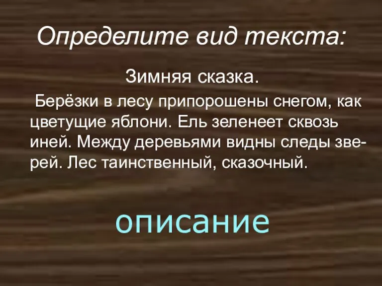 Определите вид текста: Зимняя сказка. Берёзки в лесу припорошены снегом, как цветущие