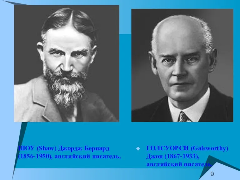 ШОУ (Shaw) Джордж Бернард (1856-1950), английский писатель. ГОЛСУОРСИ (Galsworthy) Джон (1867-1933), английский писатель.