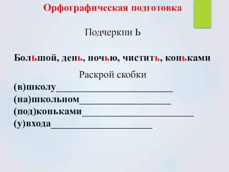 Орфографическая подготовка Подчеркни Ь Большой, день, ночью, чистить, коньками Раскрой скобки (в)школу_______________________ (на)школьном__________________ (под)коньками______________________ (у)входа_____________________