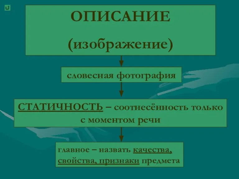 ОПИСАНИЕ (изображение) словесная фотография СТАТИЧНОСТЬ – соотнесённость только с моментом речи главное