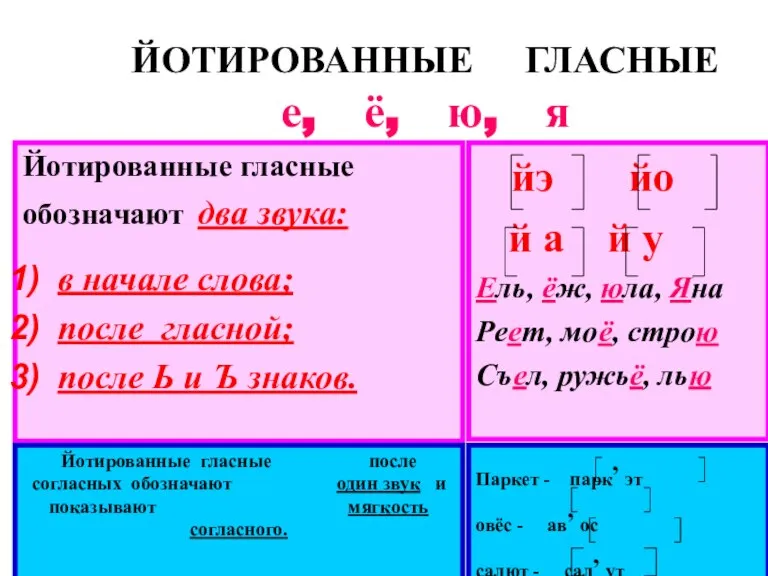 ЙОТИРОВАННЫЕ ГЛАСНЫЕ е, ё, ю, я Йотированные гласные обозначают два звука: в