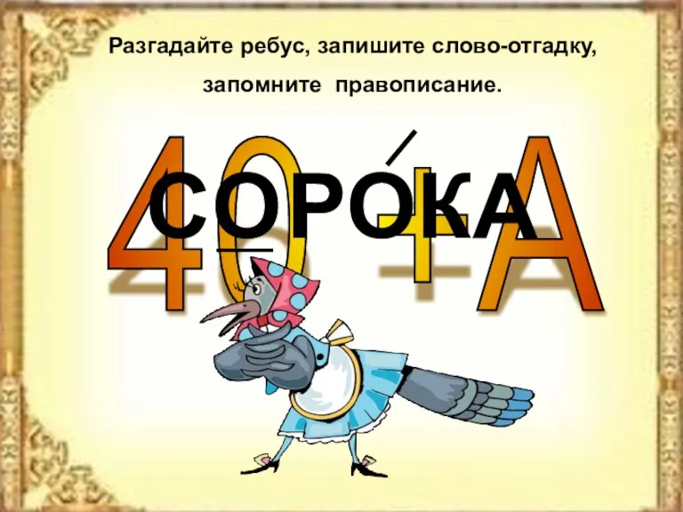 40 +А Разгадайте ребус, запишите слово-отгадку, запомните правописание. С РОКА О