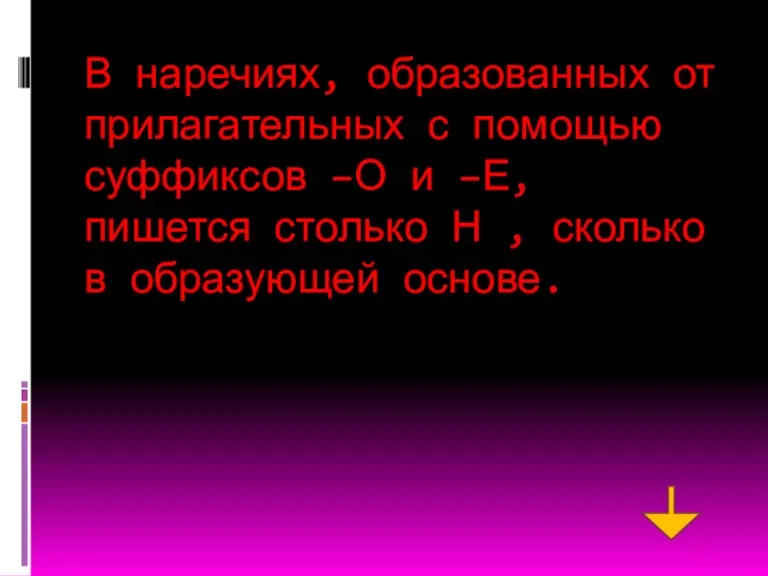 В наречиях, образованных от прилагательных с помощью суффиксов –О и –Е, пишется