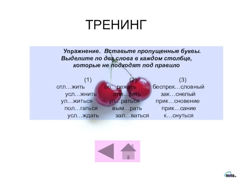 Упражнение. Вставьте пропущенные буквы. Выделите по два слова в каждом столбце, которые