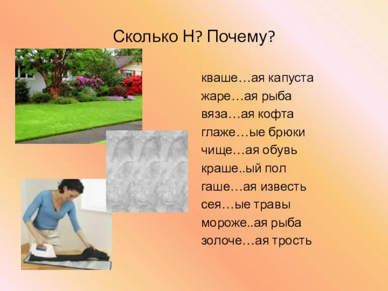 Сколько Н? Почему? кваше…ая капуста жаре…ая рыба вяза…ая кофта глаже…ые брюки чище…ая