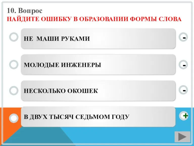 10. Вопрос НАЙДИТЕ ОШИБКУ В ОБРАЗОВАНИИ ФОРМЫ СЛОВА НЕ МАШИ РУКАМИ МОЛОДЫЕ