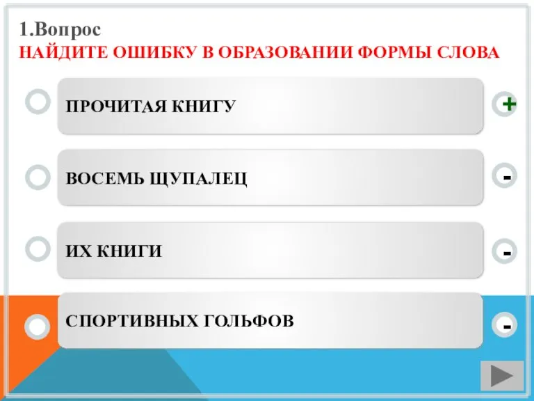 1.Вопрос НАЙДИТЕ ОШИБКУ В ОБРАЗОВАНИИ ФОРМЫ СЛОВА ПРОЧИТАЯ КНИГУ ВОСЕМЬ ЩУПАЛЕЦ ИХ