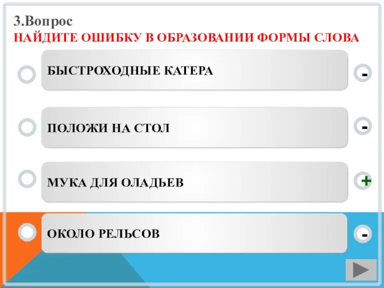 3.Вопрос НАЙДИТЕ ОШИБКУ В ОБРАЗОВАНИИ ФОРМЫ СЛОВА МУКА ДЛЯ ОЛАДЬЕВ ПОЛОЖИ НА