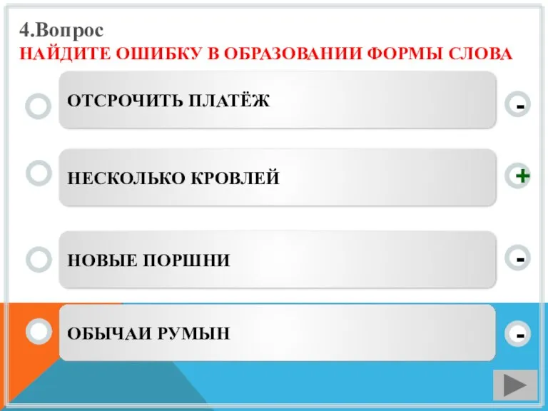 4.Вопрос НАЙДИТЕ ОШИБКУ В ОБРАЗОВАНИИ ФОРМЫ СЛОВА НЕСКОЛЬКО КРОВЛЕЙ НОВЫЕ ПОРШНИ ОБЫЧАИ