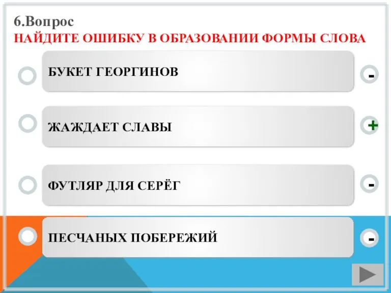 6.Вопрос НАЙДИТЕ ОШИБКУ В ОБРАЗОВАНИИ ФОРМЫ СЛОВА ЖАЖДАЕТ СЛАВЫ ФУТЛЯР ДЛЯ СЕРЁГ