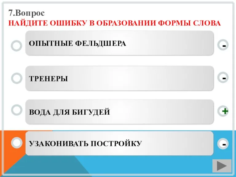 7.Вопрос НАЙДИТЕ ОШИБКУ В ОБРАЗОВАНИИ ФОРМЫ СЛОВА ВОДА ДЛЯ БИГУДЕЙ ТРЕНЕРЫ УЗАКОНИВАТЬ