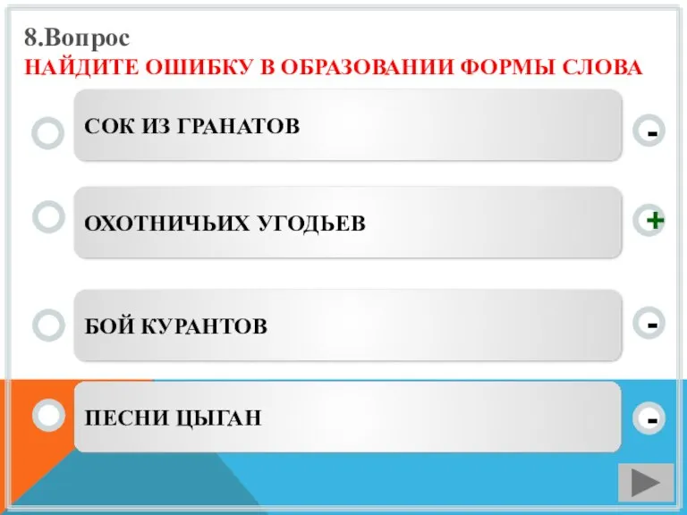 8.Вопрос НАЙДИТЕ ОШИБКУ В ОБРАЗОВАНИИ ФОРМЫ СЛОВА ОХОТНИЧЬИХ УГОДЬЕВ БОЙ КУРАНТОВ ПЕСНИ