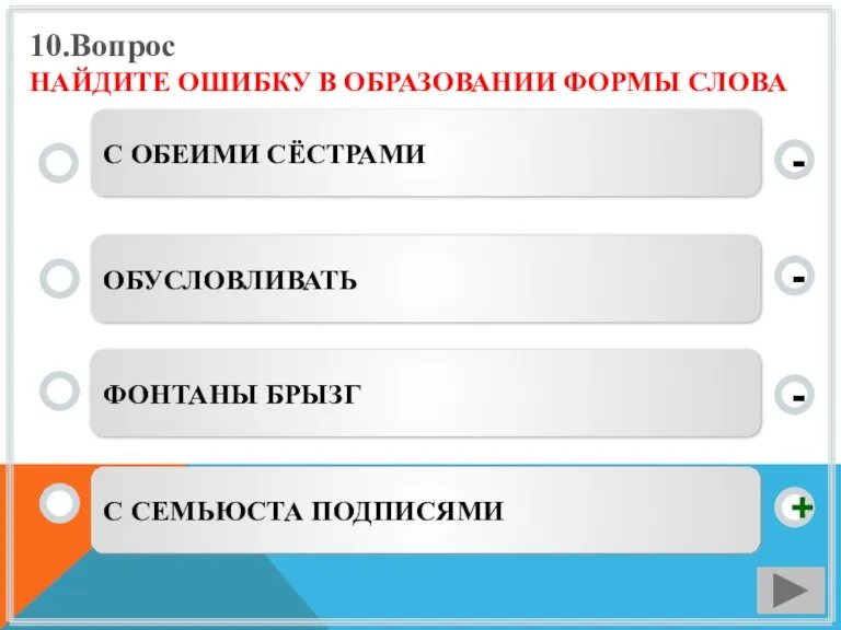 10.Вопрос НАЙДИТЕ ОШИБКУ В ОБРАЗОВАНИИ ФОРМЫ СЛОВА С СЕМЬЮСТА ПОДПИСЯМИ ОБУСЛОВЛИВАТЬ ФОНТАНЫ