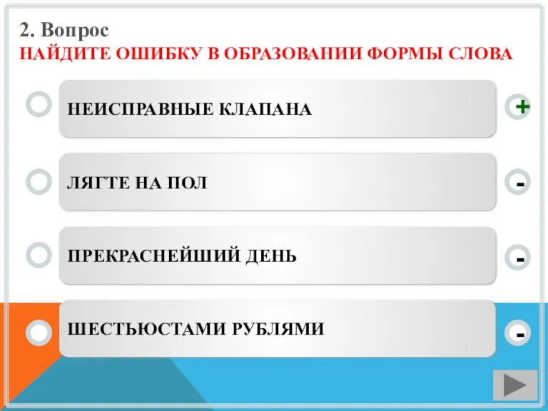 2. Вопрос НАЙДИТЕ ОШИБКУ В ОБРАЗОВАНИИ ФОРМЫ СЛОВА НЕИСПРАВНЫЕ КЛАПАНА ЛЯГТЕ НА