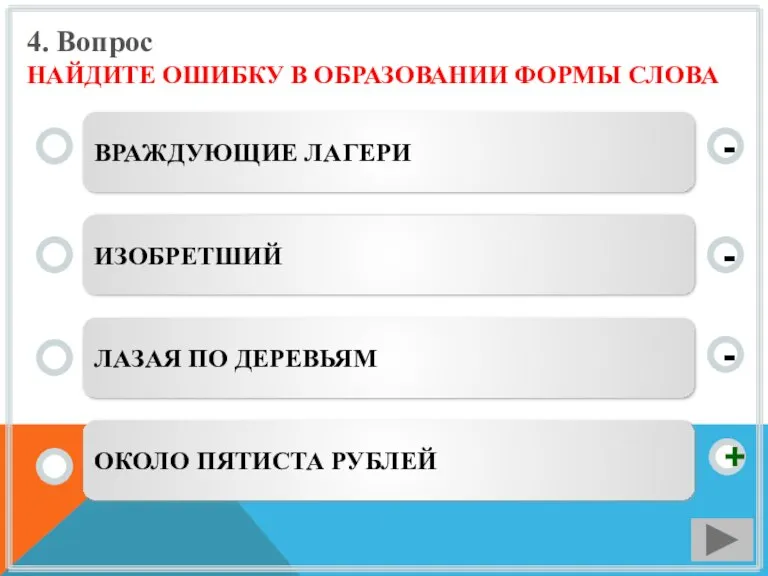 4. Вопрос НАЙДИТЕ ОШИБКУ В ОБРАЗОВАНИИ ФОРМЫ СЛОВА ВРАЖДУЮЩИЕ ЛАГЕРИ ИЗОБРЕТШИЙ ЛАЗАЯ