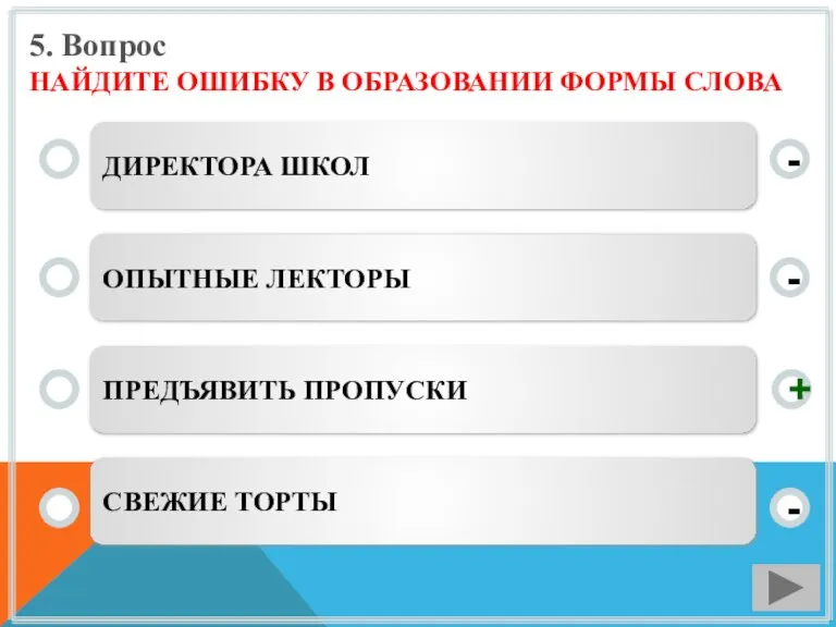 5. Вопрос НАЙДИТЕ ОШИБКУ В ОБРАЗОВАНИИ ФОРМЫ СЛОВА ДИРЕКТОРА ШКОЛ ОПЫТНЫЕ ЛЕКТОРЫ