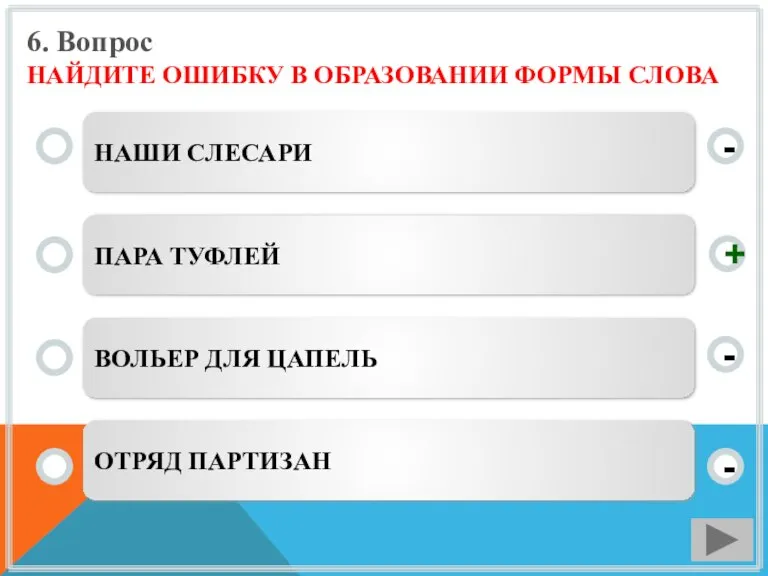 6. Вопрос НАЙДИТЕ ОШИБКУ В ОБРАЗОВАНИИ ФОРМЫ СЛОВА НАШИ СЛЕСАРИ ПАРА ТУФЛЕЙ