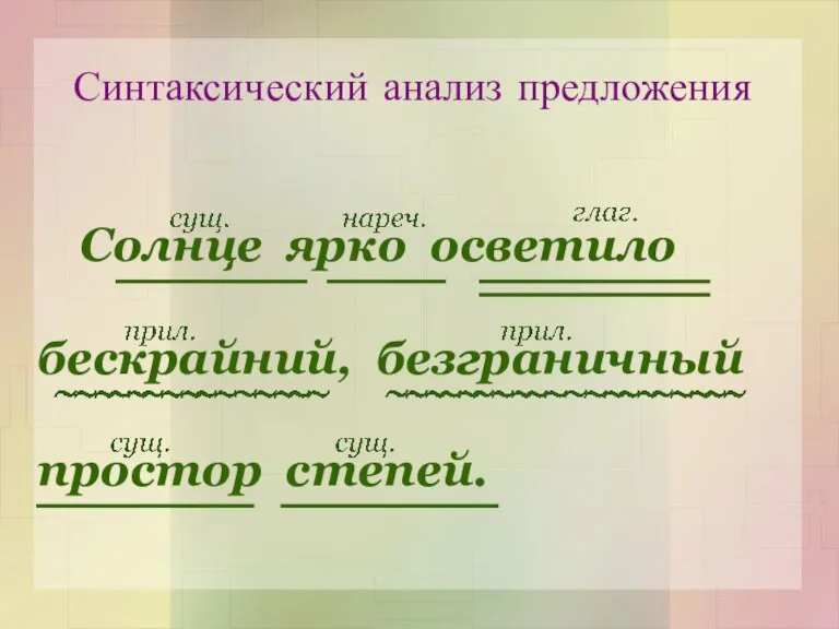 Синтаксический анализ предложения Солнце ярко осветило бескрайний, безграничный простор степей.