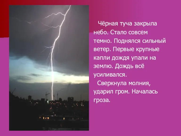 Чёрная туча закрыла небо. Стало совсем темно. Поднялся сильный ветер. Первые крупные