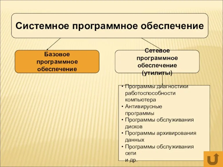 Системное программное обеспечение Базовое программное обеспечение Сетевое программное обеспечение (утилиты) Программы диагностики