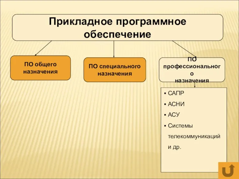 Прикладное программное обеспечение ПО общего назначения ПО специального назначения ПО профессионального назначения