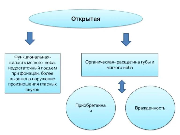 Открытая Функциональная- вялость мягкого неба, недостаточный подъем при фонации, более выражено нарушение